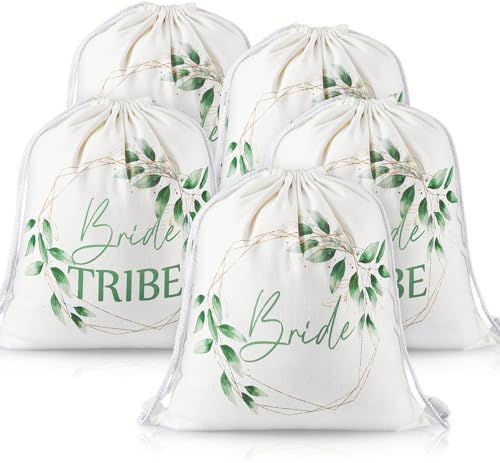 Weewooday 5 Stück Baumwolle und Leinen Braut Turnbeutel mit Kordelzug inklusiv 1 Bride Beutel und 4 Bride Tribe Rucksack Segeltuch Brautparty Geschenke für JGA Hochzeit Verlobung (Eukalyptus)