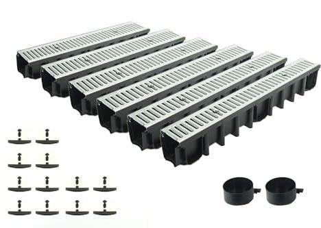 ScarMaxx - 6m Entwässerungsrinne Set - Bodenrinne - Regenwasser Ablauf - Abfluss mit Gitter - A15 Bauhöhe 148mm - Komplett Set - Stegrost Stahl verzinkt - 13x600x14,8cm