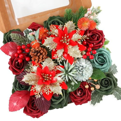 Floweroyal Poinsettia Fiori di Natale artificiali, fiori rossi misti di seta rose finte con steli per bouquet da sposa, centrotavola, decorazioni natalizie per la casa