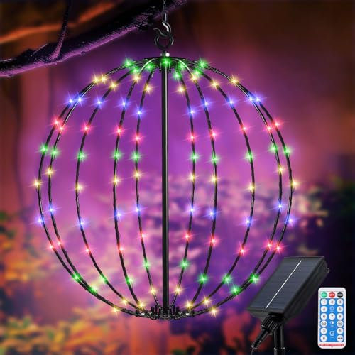 Solar Hängekugelleuchten Aussen Weihnachtsdeko Lichterkette, Wasserdichte Metall Leuchtkugel 30cm 120LEDs in 8 Modi mit Remote-Steuerung für Garten Terrasse Innen - Mehrfarbig