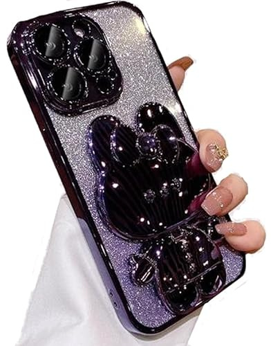 for iPhone 16 Pro Max Case Glitter Sparkle for Women Girls,Cute Hidden Rabbit Mirror Kickstand,Luxury Plating Soft TPU with Gradient Layer,Bling Fashion Girly Phone Case for iPhone 16 Pro Max Purple