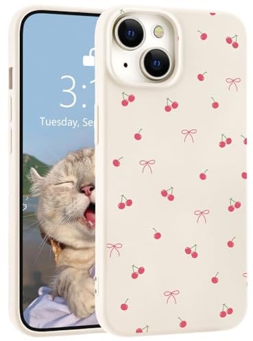 LuminousGuard for iPhone 7/8 / SE 2020 Case, Cute Kawaii Cherry Bow White Liquid Silicone Phone Case Slim Fit Soft Gel Rubber Protective Phone Cover for Women Girls