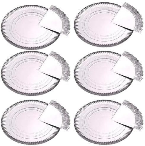 Acan Tradineur - Pack de 6 bandejas Redondas de cartón con blonda, Fuente reciclable para Pasteles con Encaje de Papel, decoración de Fiestas, presentación de postres (Plata - Ø 38 cm)
