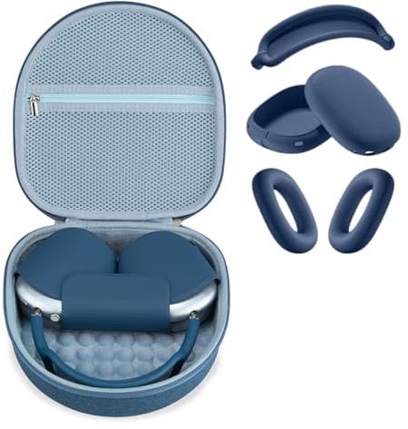 3 in 1 Silicone Cover and Case for Apple Airpods Max Headphones, AirPods Max Hard Case and Anti-Scratch Ear Pad Case/Ear Cups/Headband Accessories (Blue)