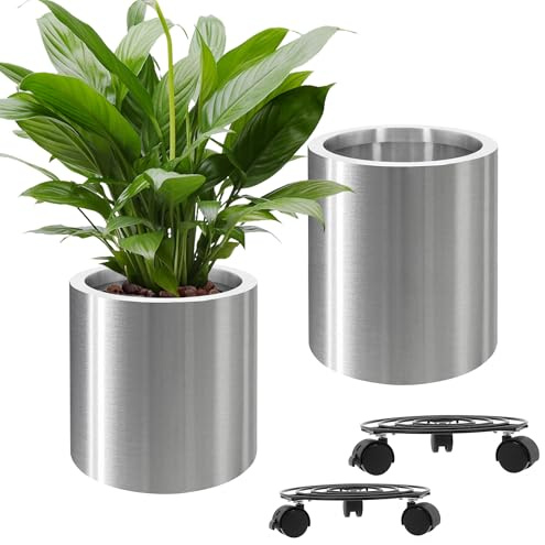 Longrun 25CM & 30CM Edelstahl Zylindrische Blumentopf - Sets, Home Patio Dekor Gartenarbeit Pflanzer Topf