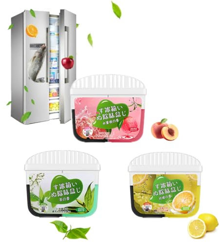 Confezione da 3 deodoranti per frigorifero, carbone attivo assorbe fisicamente gli odori, elimina gli odori del frigorifero, con scatola per volatilizzazione delle fragranze di pesca, limone, tè,