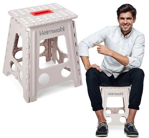 Heimwohl Folding Step Stool for Adults 16 Inch, 2025 Foldable Stool with Safety Lock & Rotating Handle, Non-Slip Foldable Step with 130kg Capacity, Ideal for Home, Kitchen, Outdoor-Beige