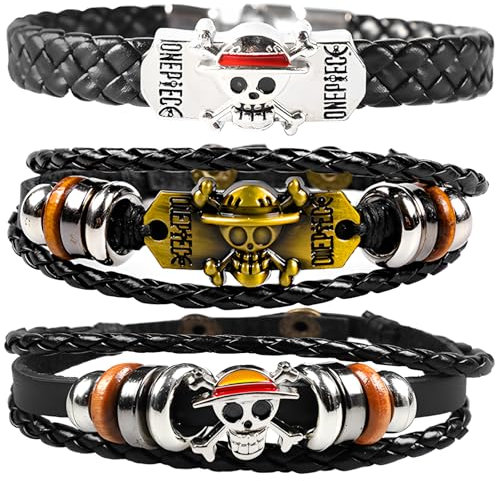 Fanoyo Bracelet One Piece, 3 Pièces Bracelets pour enfants, Pirate en Cuir Tressé Amitié Enfant Pirate Bracelet Ajustable Pour Enfants Cadeaux D'anniversaire et et FêTe Enfant