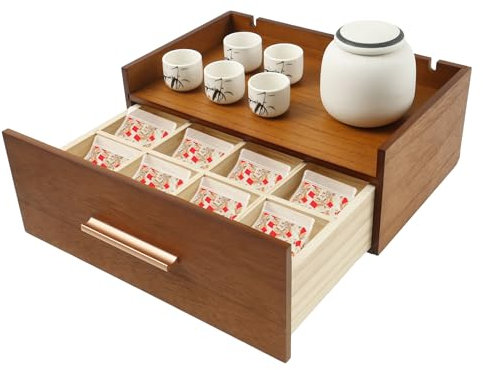 SUPPUIMNT Teebox mit 8 Fächern, Aufbewahrungsbox aus Holz Stapelbar Teedose Teebeutel Organizer Box mit Schublade Aromageschützte Aufbewahrung von Tee für Küche Bad Ankleideraum Arbeitszimmer