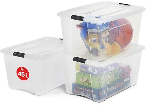 Iris Ohyama, caja de almacenamiento de plástico con tapa, 45L, juego de 3, transparente, clips de cierre, asa, apilable, para dormitorio, vestidor, oficina, sin BPA, caja de almacenamiento, bandeja