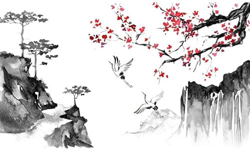 Kirschblüten Wandtattoo, Berglandschaft mit Kranichen, 93 cm x 63 cm, Schwarz und Rot