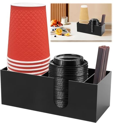 Yabound Cup and Lid Holder, Acrylic Coffee Station Organiser for Cup Lid, Stirrer, Straw, Disposable Cup Dispenser, Coffee Station & Bar Accessories (A)