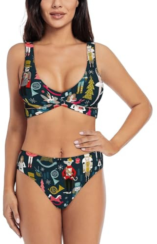Costume da bagno da donna con schiaccianoci balletto natalizio danza bikini triangolo costume da bagno a gamba alta due pezzi costumi da bagno per ragazza spiaggia, Nero , XXL