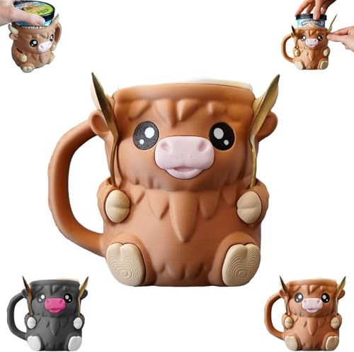 Highland Cow Eisbecher-Halter, 3D-Gedruckter Pint-Halter mit Anti-Frost-Griff, Auslaufsicherer Bierdosenhalter, Inkl. 2 Löffeln, Ideal für Eiscreme & Getränke (C)
