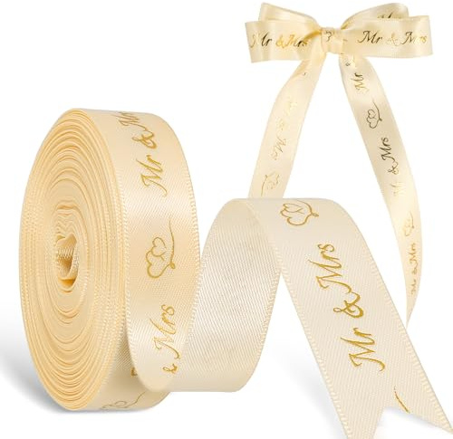 Schleifenband Hochzeit 10 m x 15 mm – Mr and Mrs Band für Hochzeitsgeschenke, Hochzeitsalbum und Brautstrauß – Goldene Dekobänder Hochzeit mit Herz (Gold)