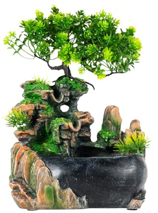 UHDUIG Zimmerbrunnen mit LED Beleuchtung Springbrunnen Gartenbrunnen Grüne Pflanze Brunnen Klein Tischbrunnen Wasserfall mit Pumpe für Wohnzimmer Korridor Eingang