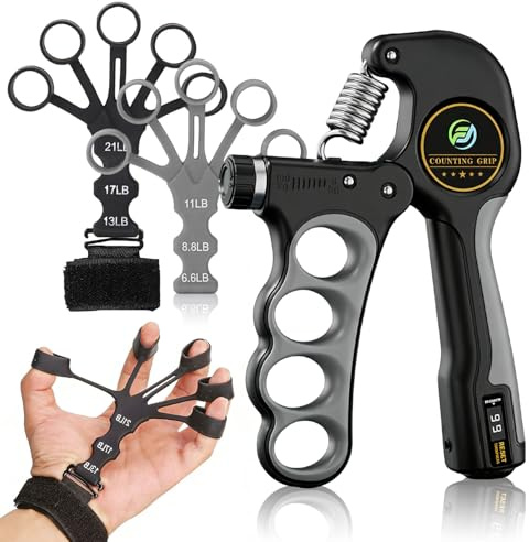 Hand Grip Ajustable con Contador 5-100kg, Entrenador de Dedos Y Muñequera | Antebrazo Ejercitar, Grip Ajustable, Acero Resorte, Silicona, 6.6-21LB, Portátil, para Oficina, Rehabilitación, Fitness