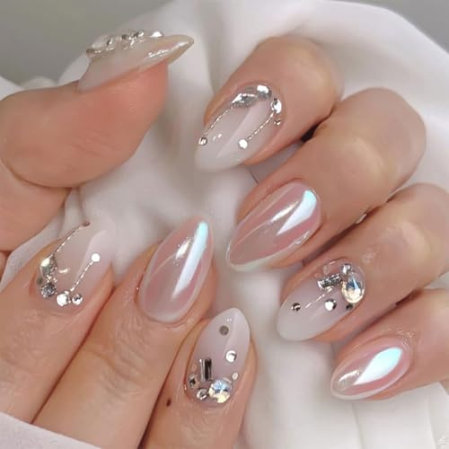 TESGADGETS 24 Pieces Ombre Fake Nails, Short Almond Shape, Neutral Nails with Rhinestones, Aurora Chrome Design, Full Coverage, Reusable