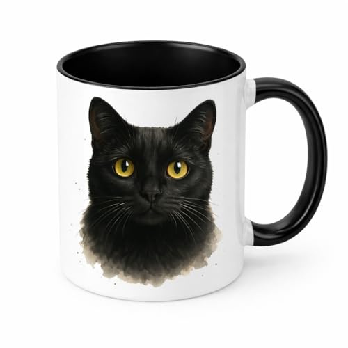 Brew Crew Gifts Black Cat Watercolour Mug, White Ceramic, 11 oz, Dishwasher Safe, Microwave Safe, Yellow Eyes Design, Double-Sided Print (Black)