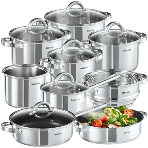 tectake® Set di Pentole, 15 Pezzi, Batteria di Pentole e Padelle in Acciaio Inossidabile, Adatto a Induzione, Gas, Elettrico, Padelle Antiaderenti, Lavabili in Lavastoviglie, Coperchi Abbinati