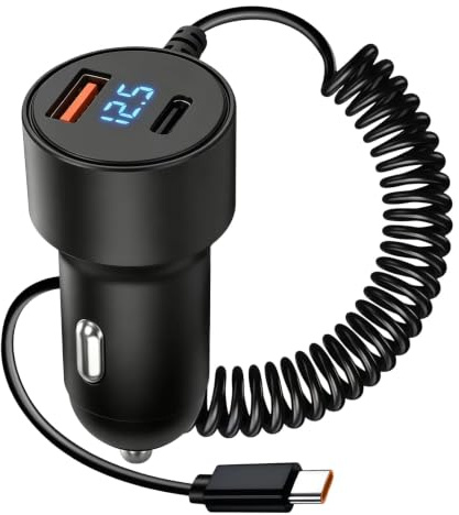 Cargador Coche USB C 100W PD QC3.0 con Cable Espiral 1,5M | Cargador mechero 12V 24V con cable USB C integrado, ideal para smartphone tablet y dispositivos en viajes