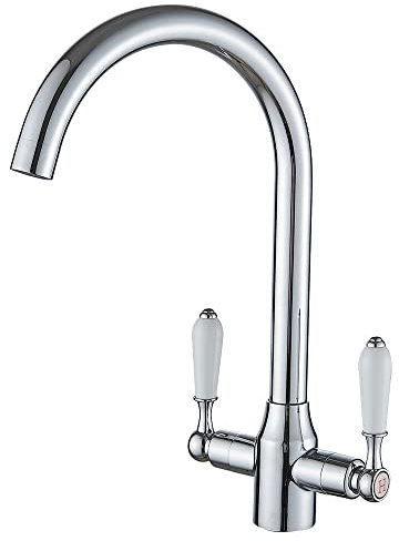 Heable Kitchen Mixer Tap White Ceramic Dual Lever Monobloc Swivel Spout Chrome Kitchen Sink Taps with UK Standard Fittings