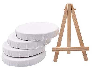 RayLineDo® Set von 4 Mini-Leinwänden, rund, blanko, 10 cm, Öl-/Wasser-Maltafel, flache Leinwand mit 1 Mini-Holz-Staffelei