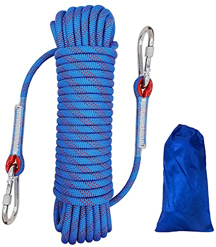 Climbing Rope, 10mm Outdoor Static Rock Climbing Cord, High Strength Safety Nylon Rope 2 Carabiner, for Escape, Fire Rescue, Camping, Dockside Mooring, Fixing, Blue Length 20m
