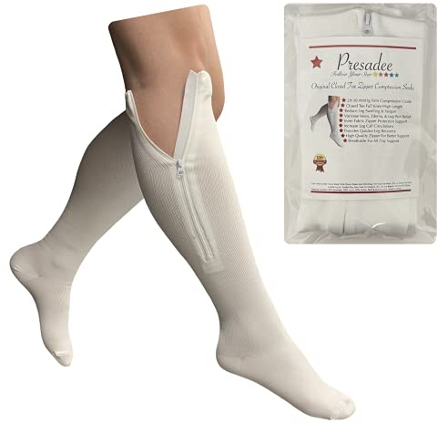 Presadee Original weiße 20-30 mmHg Kompressionsstrümpfe mit Reißverschluss