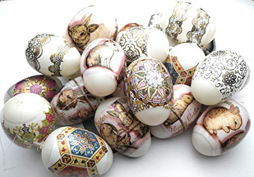 Ukrainisches Kunsthandwerk 21 Ostereier zum Aufhängen .Hasen, Spitze. Gold Schwarz und Kaleidoskop. mit Folie bezogen. Kunststoff. WETTERFEST.