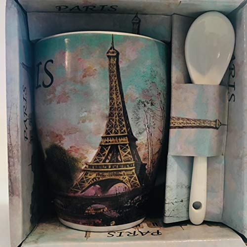 Vianaya – Tazza Paris Tour Eiffel e altri monumenti di Parigi – motivo Torre Eiffel su sfondo turchese, misura media, 10,5 cm, con cucchiaio, effetto satinato