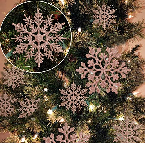 36pcs Christmas Rose Gold Snowflake Ornaments Plastic Glitter Snow Flakes Ornaments for Winter Christmas Tree Decorations Size Varies Craft Snowflakes