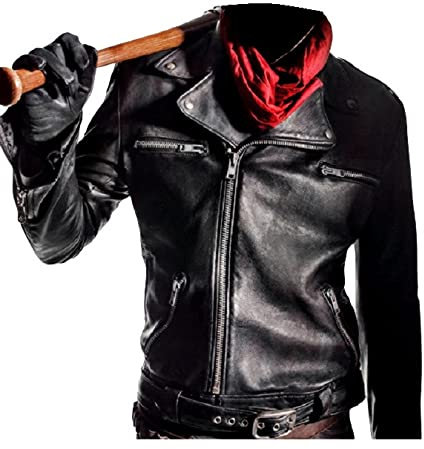 HiFacon Giubbino Negan Giacca Moto in Pelle Nera Brando Biker Style Vera Pelle, Nero - Ecopelle, XX-Small