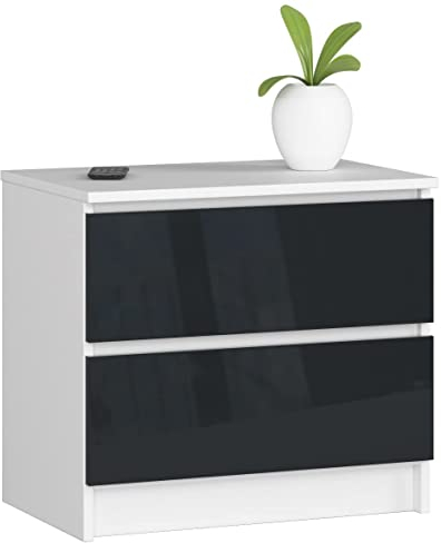 AKORD Kommode K60 mit 2 Schubladen | für das Wohnzimmer Schlafzimmer Schrank Büro Arbeitszimmer | Modernes Funktionales Design | B60 x H55 x T40 cm, Gewicht 20kg | Weiß/Graphit Glänzend