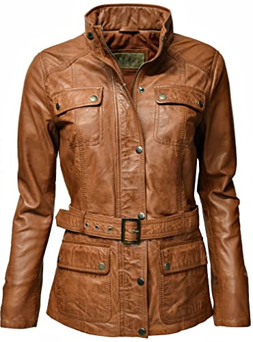 Zimmert Leather Sportliche Damen Lederjacke Bruni mit Umschlagkragen und Gürtel in Braun Schwarz washed echt Leder (38, Cognac)