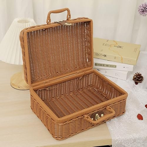 Restokki Geflochtener Aufbewahrungskorb, Panier Osier Weidenkorb mit Deckel Rattankorb für gewebte Picknickbox im Freien(L-Grundfarben)