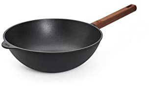 Woll Eco Logic QXR Wok- und Rührpfanne und Rührpfanne - Induktiv -, Ø 28 cm, 10 cm hoch, mit festem nachhaltigem Holzstiel - Geeignet für alle Herdarten, PFAS-frei, Aluguss, backofenfest, schwarz