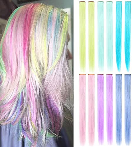 LSKJMO 12 Stück 20 Zoll Licht Regenbogen Perücke Stücke Bunte Party Highlights Clip in Farbigen Haarverlängerungen Multicolors Gerade Synthetische Haarteile für Mädchen Damen