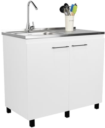 Tuhome Napoles Utility Sink with Cabinet, Stainless Steel Countertop, Interior Storage Shelf, Wide Dual-Door Base Cabinet,Modern Multi-Purpose Laundry and Kitchen Utility Station for Home Organization