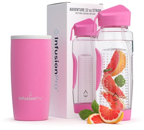 Infusion Pro Wasserflasche mit Strohhalm-Deckel, 900 ml, isoliert, für 50 Rezepte, E-Book: Beladung unten, großes Wasser-Teesieb für mehr Geschmack: Einzigartige Geschenkidee
