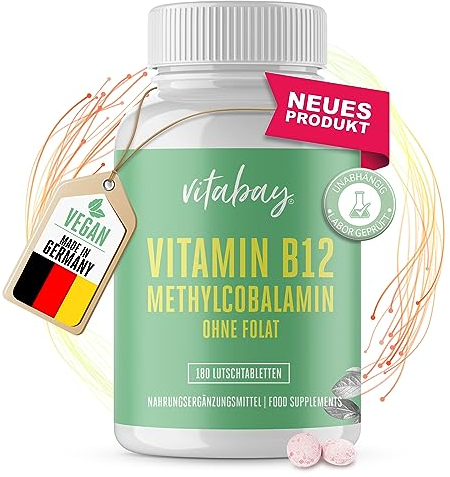 Vitabay Vitamin B12 500 µg Lutschtabletten hochdosiert ohne Folat – 180 vegane Tabletten – Vitamin B12 vegan Methylcobalamin Tabletten