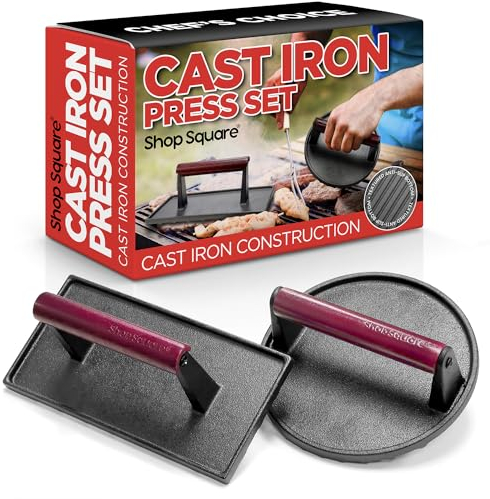 Shop Square Cast Iron Bacon Press & Grill Press - Round & Rectangle - Non-Stick - Cool-Touch Wood Handle