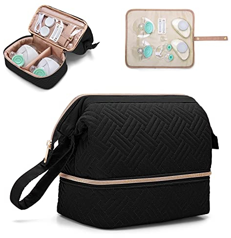Fasrom Wearable Breast Pump Bag Compatible with Elvie Pumps and Medela Pump in Style, Double Layer Carrying Case with Waterproof Mat and Insulated Pockets for Work Moms, Black (Patent Design)