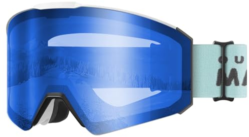 OutdoorMaster Falcon 100% UV-Schutz Snowboard-Schutzbrille für Kinder, Anti-Nebel-Ski-Schutzbrille für Gläser/OTG (weißer Rahmen+VLT 28% blaue Linse)