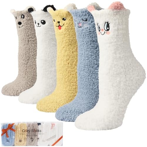 Caldodo Chaussettes Chaudes Antidérapantes Femmes Hiver, Chaussettes Chaussons Avec Poignées, Épaisses et Moelleuse Chaussettes Idée Cadeau pour Elle, 5 Paires