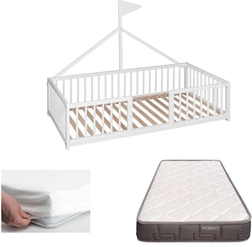 Cama Montessori 140x70. Cama Infantil con colchón Infantil Top Ventas Morfeo y Protector de colchón. Cama de Madera de Haya - Apache Wonderland Blanca CoolDreams