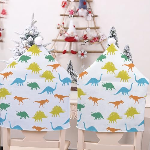Lukery Dinosaurier Muster Stuhlhussen Weihnachtsmütze, 2 4 6 8er Set Stuhlhussen Nikolausmütze Weihnachtsdeko für Stühle Stuhlhusse Stuhlbezug Weihnachten (Karikatur Dinosaurier,2 Stücke)
