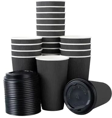 8 oz Black Disposable Kraft Paper Ripple Cups with Lids - Pack of 100 Insulated Triple Wall Takeaway Drinking Cup - Great for Coffee, Tea, and Hot Drinks - Reusable, Leak Proof Travel or Office Cups