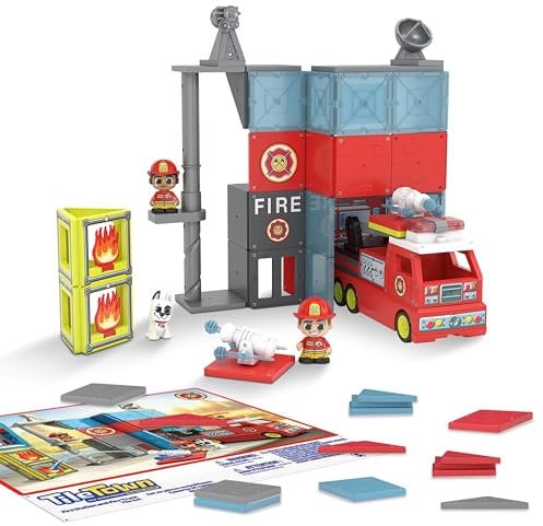 Tile Town Fire House + Firetruck Magnetic Tiles Building Playset & Vehicle w/ Lights & Sounds + Figures, Kids 3-5+, New ACTION TILES for Action Play, STEM Creative Toy, Great Gift for Boys & Girls