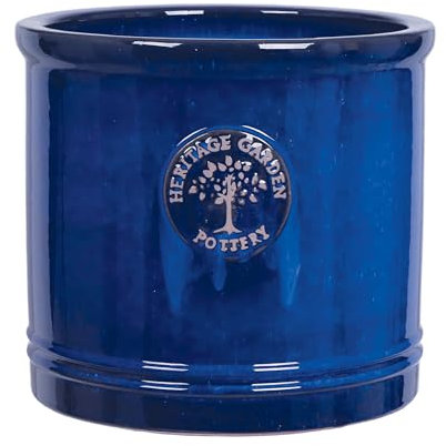 Small 19cm Blue Heritage Cylinder Garden Ceramic Planter Plant Flower Pot - Frost Proof